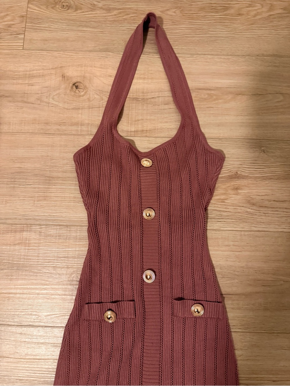 Knit Ribbed Halter Button-Front Mini Dress in Mauve - Picture 5 of 8